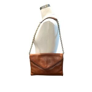 J CREW Cognac Leather Clutch Bag with Chain Strap Leather Convertible Chic